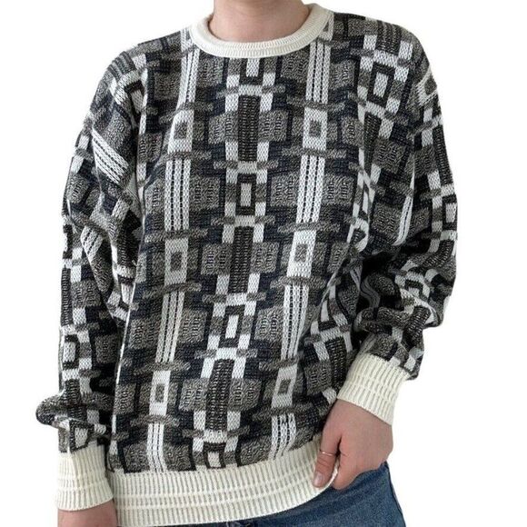 Vintage 1990s Mens Jantzen Oversized Geometric Preppy Crewneck Sweater Sz L - Picture 6 of 7